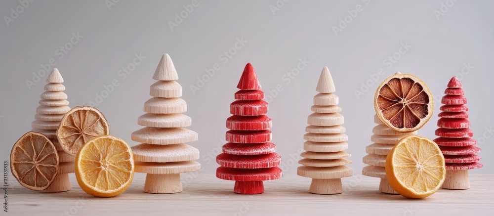 Poster wooden christmas tree toys in red and white with gingerbread and dried lemon and grapefruit slices f
