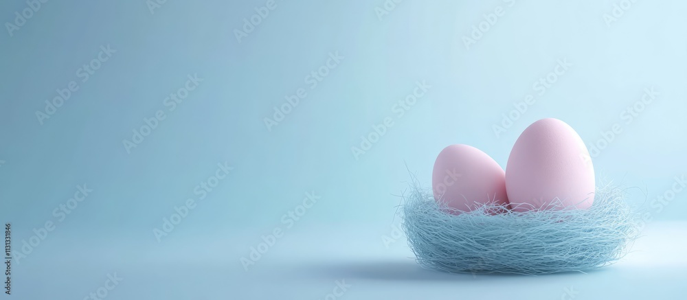 Poster pastel easter eggs in a nest on a minimal blue background creating a serene holiday atmosphere for s