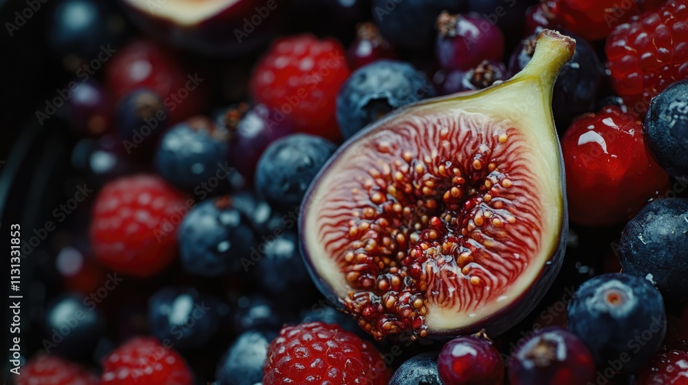Poster close up of fresh figs sliced open surrounded by an assortment of vibrant berries in a rich and colo