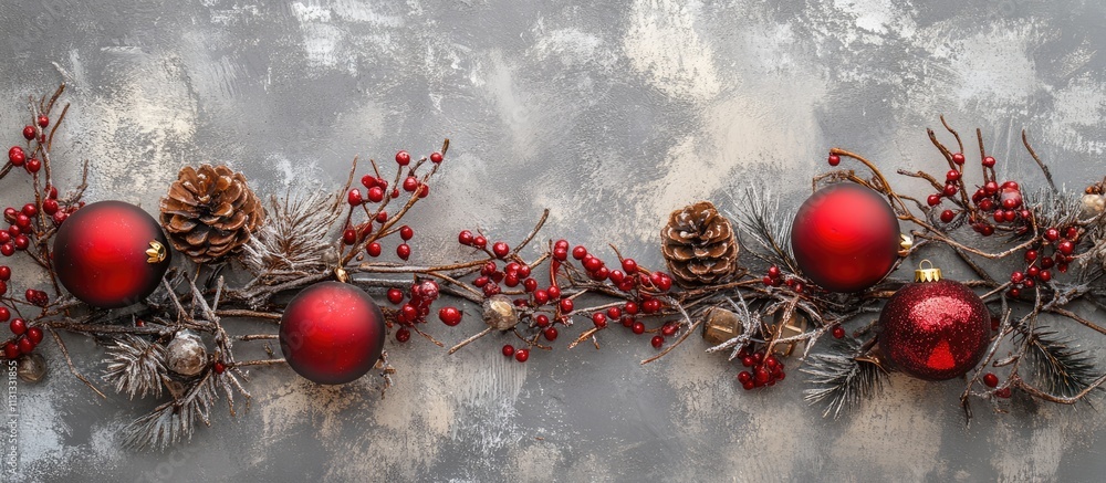 Poster Festive Christmas greeting card design with red ornaments and pine cones on a textured gray backdrop with ample empty space for text.