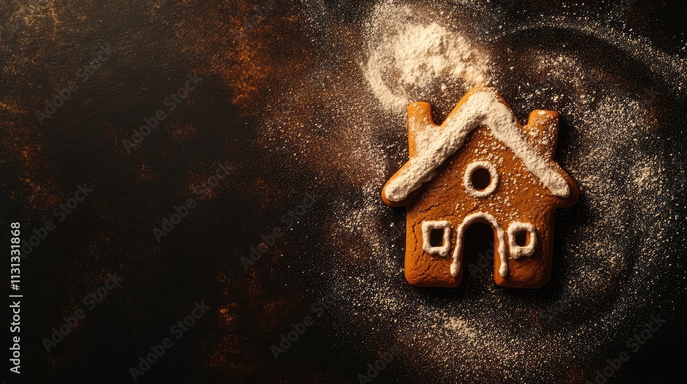 Poster gingerbread house shaped christmas cookie dusted with powdered sugar on a dark surface creating a fe