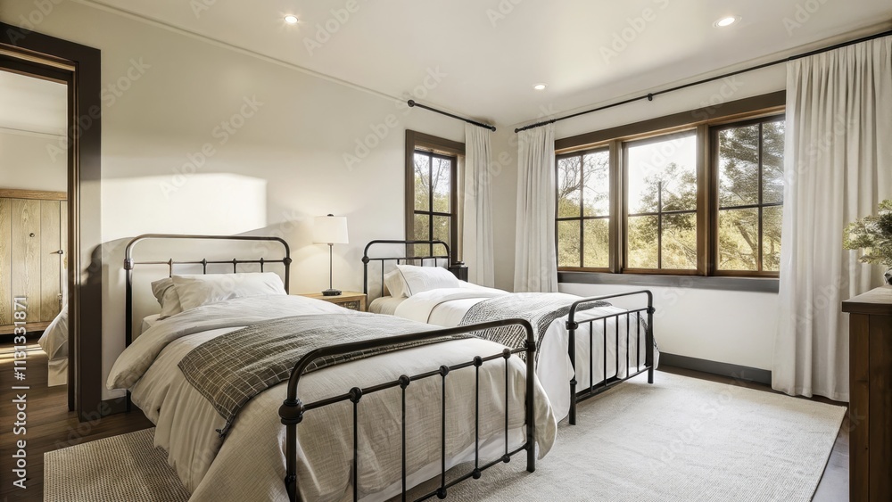 Poster A tranquil bedroom featuring iron bed frames painted in matte black complemented by soft white linens and a light gray rug framed by bright walls and a large window that fills the