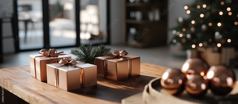 Poster festive display of elegant gift boxes and ornaments on a rustic wooden table with blurred christmas 