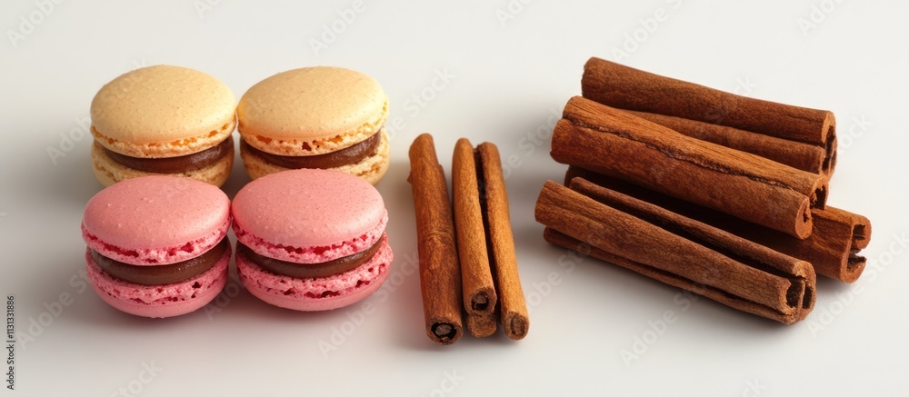 Poster colorful macaroons with chocolate filling accompanied by fragrant cinnamon sticks on a neutral backg
