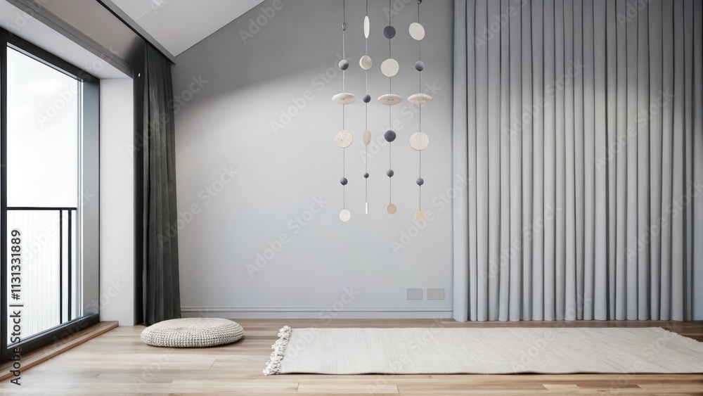 Poster A serene space adorned with a calming palette of soft grays and whites featuring a minimalist installation of hanging mobile art. The smooth wooden floor reflects subtle light