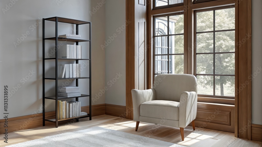 Poster a cozy reading nook with a dark metal bookshelf filled with books positioned next to a lightcolored 
