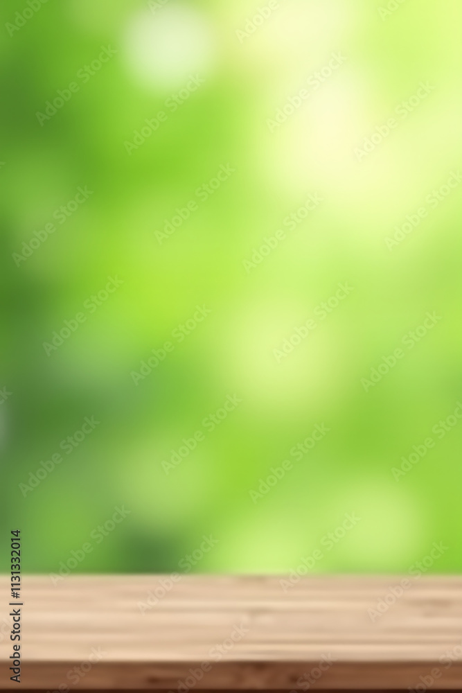 Poster a minimalist wooden table top sits empty against a soft blur of fresh green abstract background for 