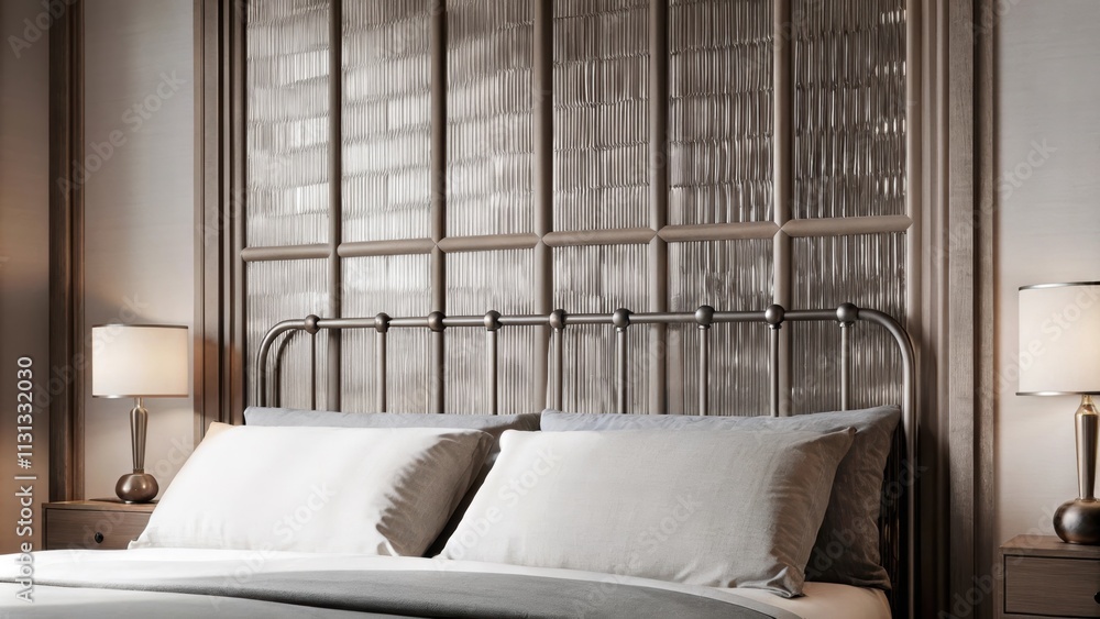 Poster A serene bedroom with a metalframed bed dressed in soft neutral linens surrounded by metallic bedside lamps and a shimmering metal accent wall that creates a striking visual point