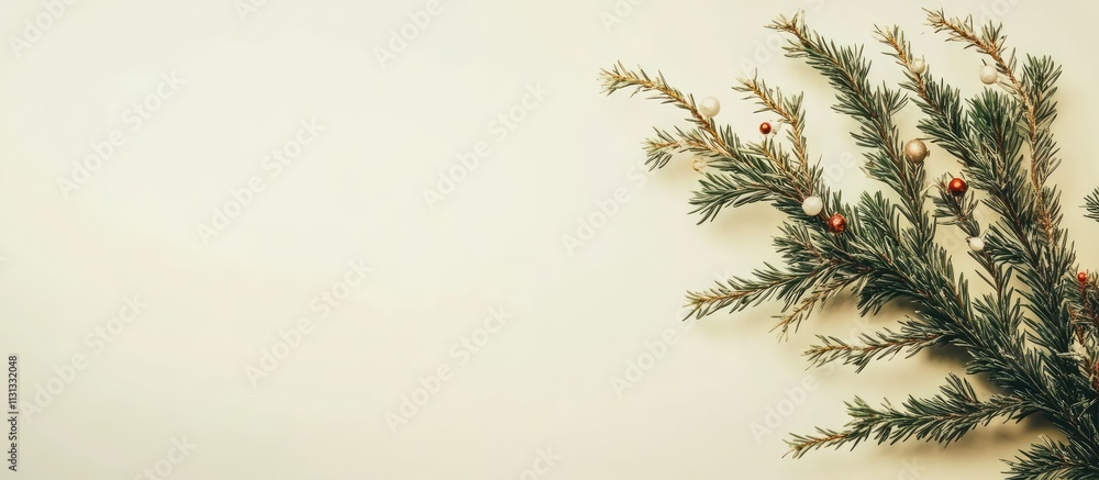 Poster Festive Christmas backdrop with green tree branch decorations and empty space for personalized text or messages