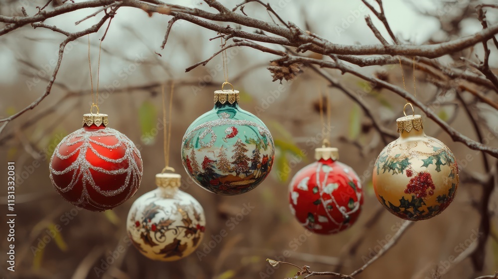 Poster vintage christmas ornaments hanging on bare branches creating a nostalgic and festive atmosphere in 