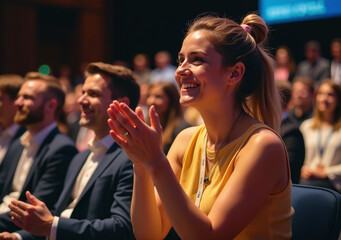 female nonconformist attendee enthusiastically claps hands applauding conference