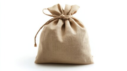 Obraz premium Natural fabric drawstring bag isolated on a white background for packaging and marketing purposes