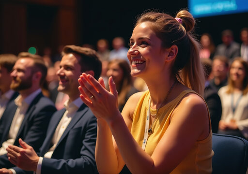 female nonconformist attendee enthusiastically claps hands applauding conference
