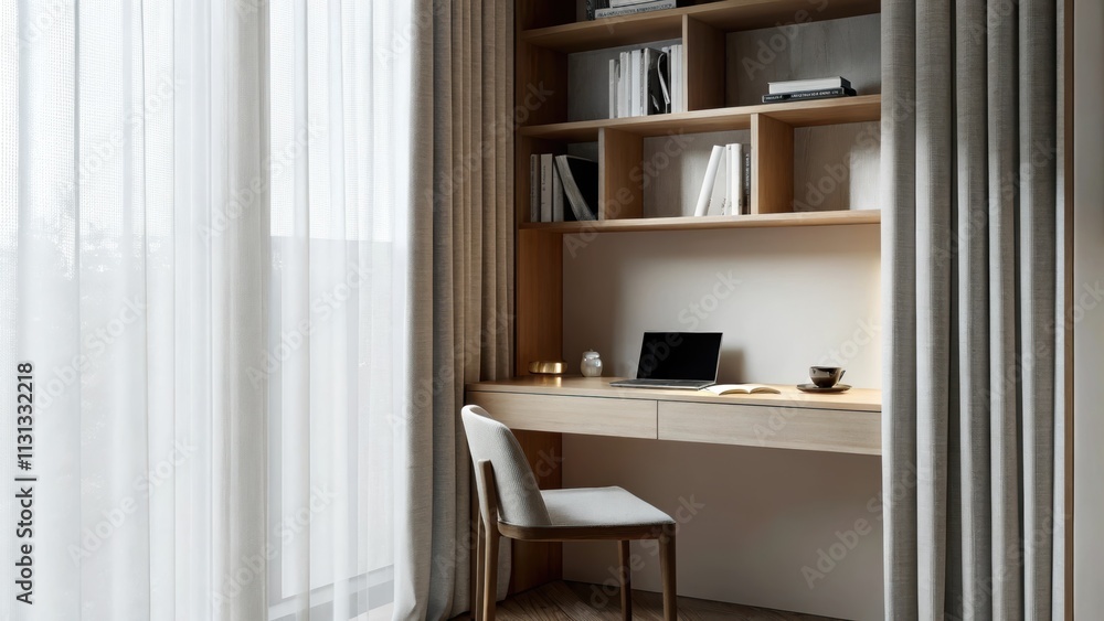 Poster A calm home office characterized by a floating desk devoid of visible hardware set against a backdrop of open shelving with carefully arranged books and decor. The room features a