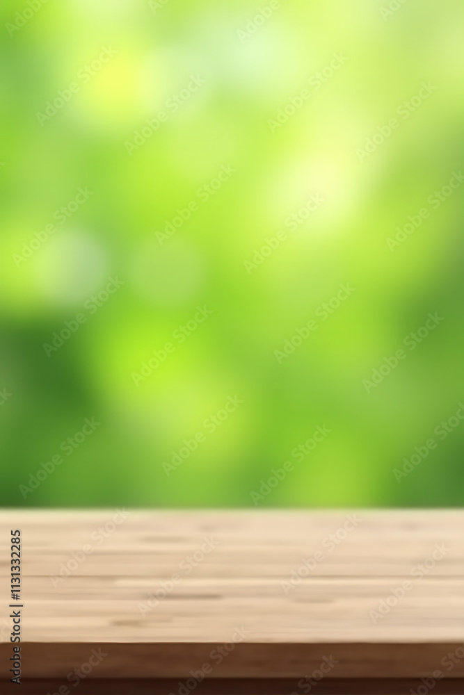 Poster a minimalist wooden table top sits empty against a soft blur of fresh green abstract background for 