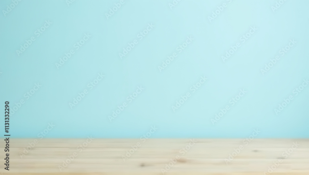 Poster a minimalist wooden table top on a soft blue pastel colored background is ideal for product display 