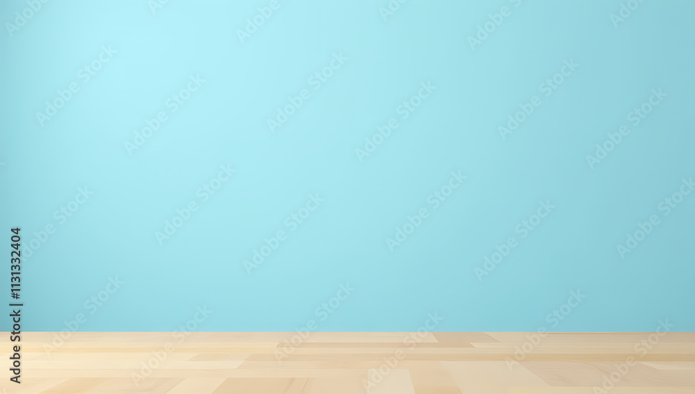 Poster a minimalist wooden table top on a soft blue pastel colored background is ideal for product display 
