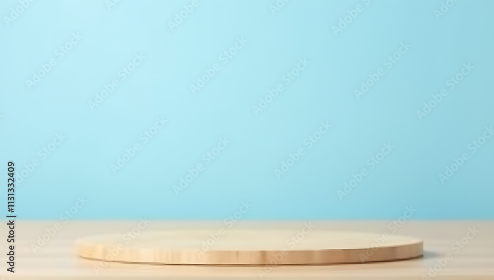 Poster a minimalist wooden table top on a soft blue pastel colored background is ideal for product display 