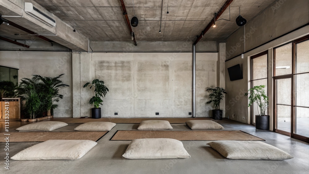 Poster A multipurpose room featuring large simple cushions tered on the floor surrounded by a few plants. The walls are accentuating the industrial vibe with visible pipes and rough