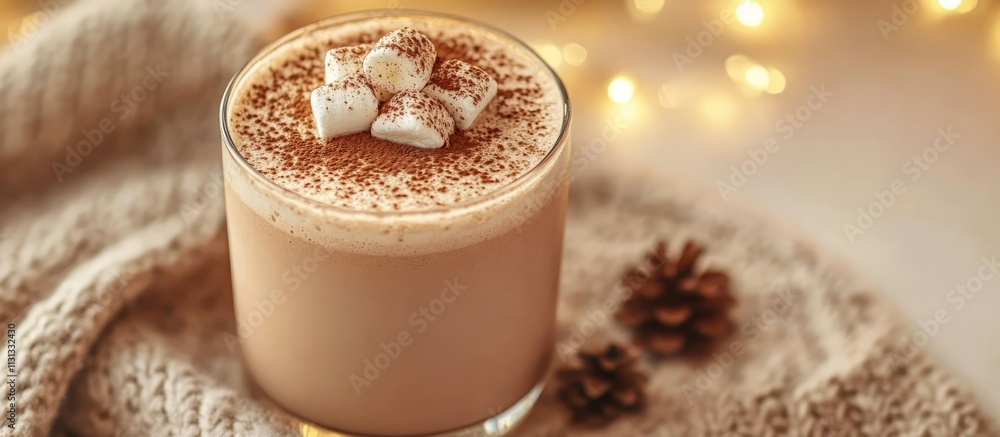Poster Cozy cocoa drink with marshmallows and cacao powder on a warm sweater background creating a festive holiday ambiance and inviting atmosphere.