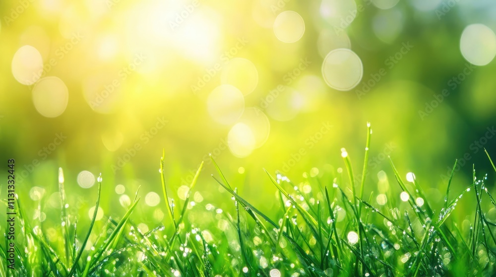 Poster close up of dew-covered green grass blades glistening in sunlight with a bokeh background creating a