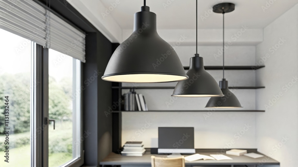Poster a minimalist home office with a large window allowing natural light in accented by sleek pendant lig