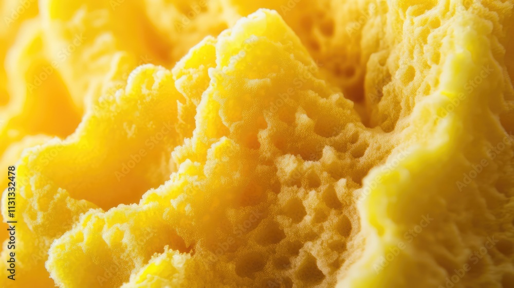 Poster Yellow sponge texture macro photography revealing intricate patterns and natural softness for design and artistic applications.