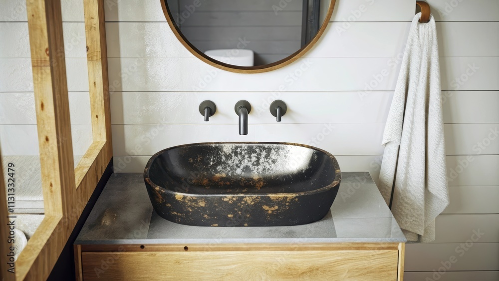 Poster a modern bathroom equipped with a distressed metal sink featuring an artisanal finish that combines 