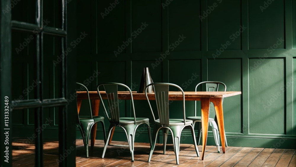 Poster An inviting dining room highlighted by wrought iron chairs with a subtle patina arranged around a reclaimed wood table emphasizing a blend of rustic charm and contemporary design.
