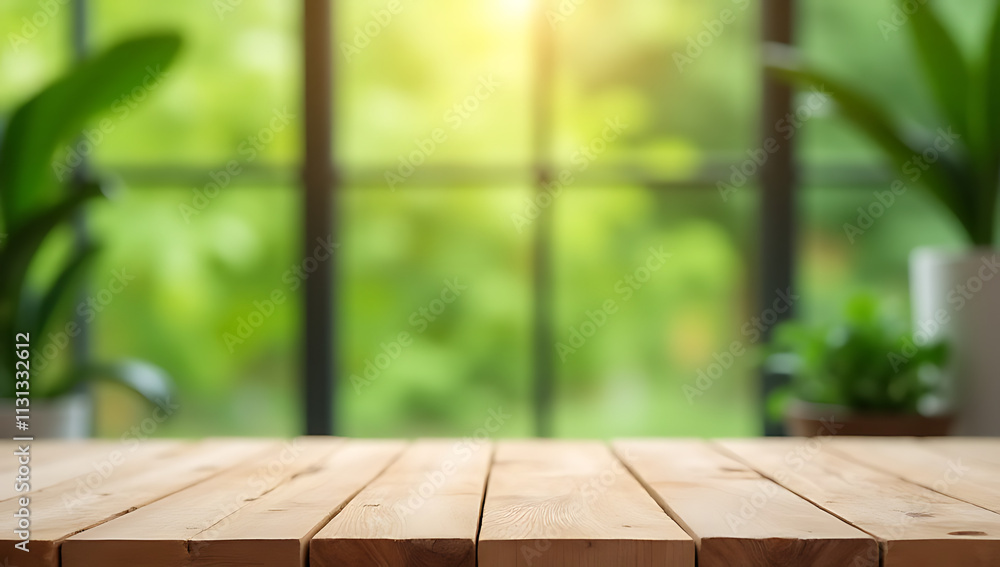 Poster a minimalist wooden table top against a blurred green background of garden and home area for creativ