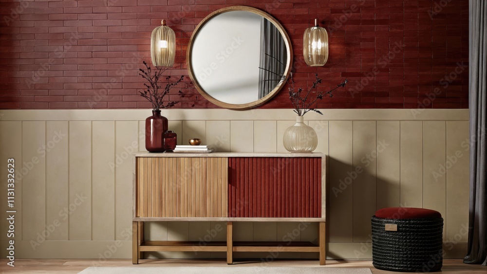 Fototapete A stylish entryway with a console table in reclaimed wood a round mirror reflecting the light from a vintage pendant and a neutralcolored wallpaper adding texture against a