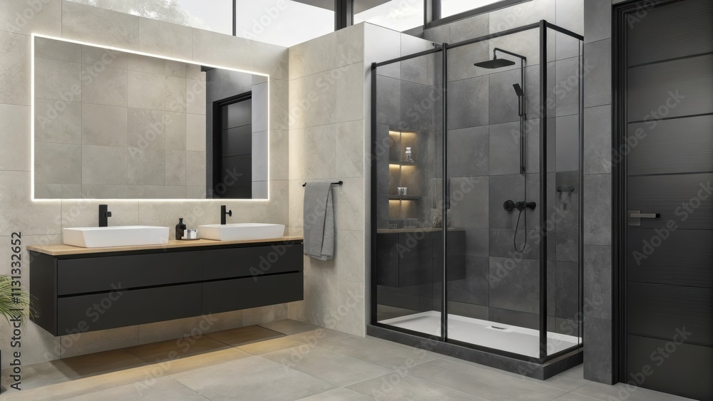 Poster A modern bathroom with black matte fixtures a walk with glass panels and a floating vanity topped with a vessel sink accented by minimalist decor and lined with concrete tiles.