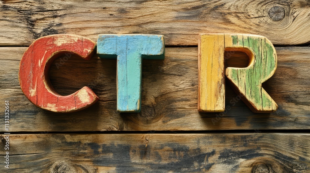 Poster Colorful wooden alphabet letters C T R displayed on a rustic wood background highlighting creativity and craftsmanship concepts