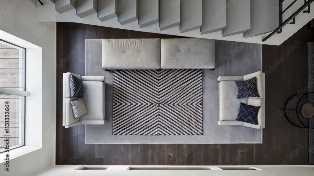 Poster A chic loft with white walls and hardwood floors where a subtle light gray rug lays beneath a striking black and white patterned rug adding depth to the sleek lounge area.