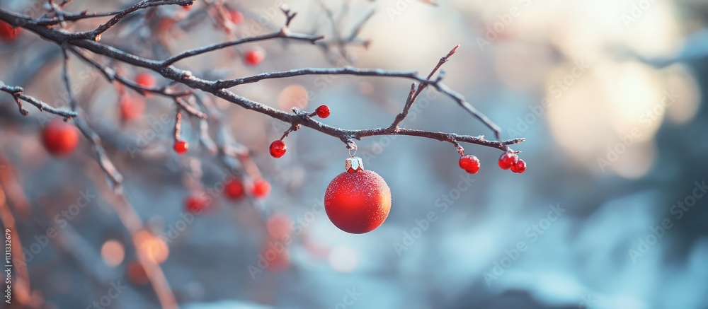 Poster red christmas ornaments hanging on frosted tree branches with a soft winter background festive atmos