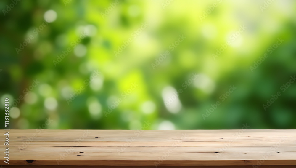 Aufkleber a minimalist wooden table sits empty in a blurred abstract green background of a garden and home are