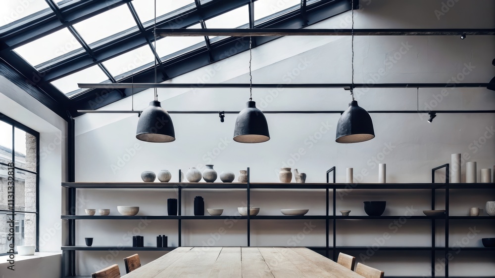 Poster a minimalist loft that features a of hanging pendant lights above a rustic dining table accented by 