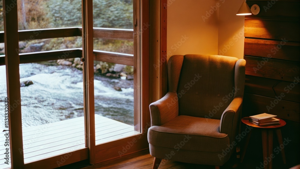 Poster A cozy reading nook is nestled by a floortoceiling window adorned with a plush armchair and a small side table. Soft lighting creates a warm ambiance while the tranquil sounds of