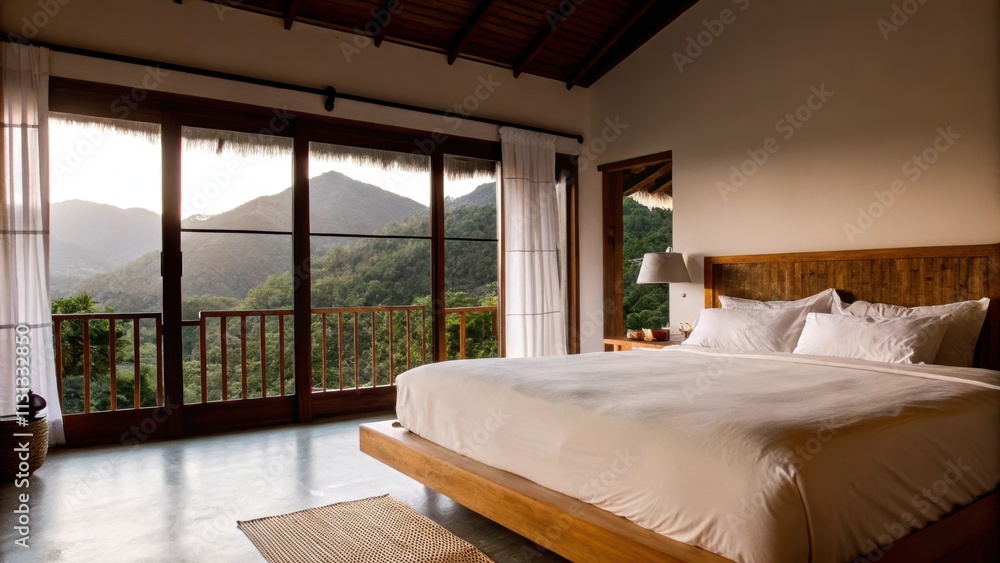 Poster a serene bedroom showcases a kingsize bed with a wooden headboard soft linen bedding and an oversize