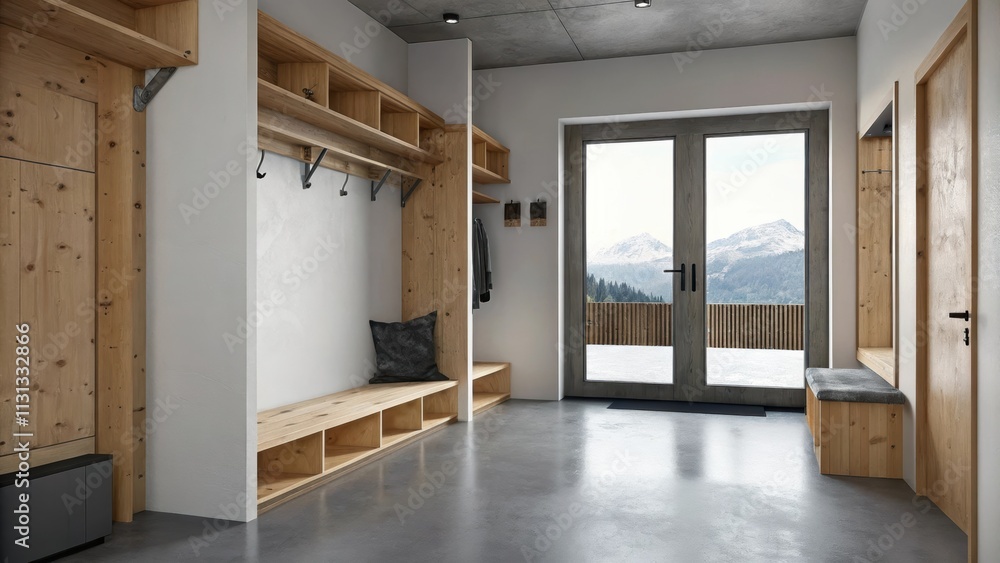 Poster A spacious entryway blends raw concrete flooring with wooden shelves and hooks while a large mirror reflects the light from a window that opens onto a breathtaking mountain