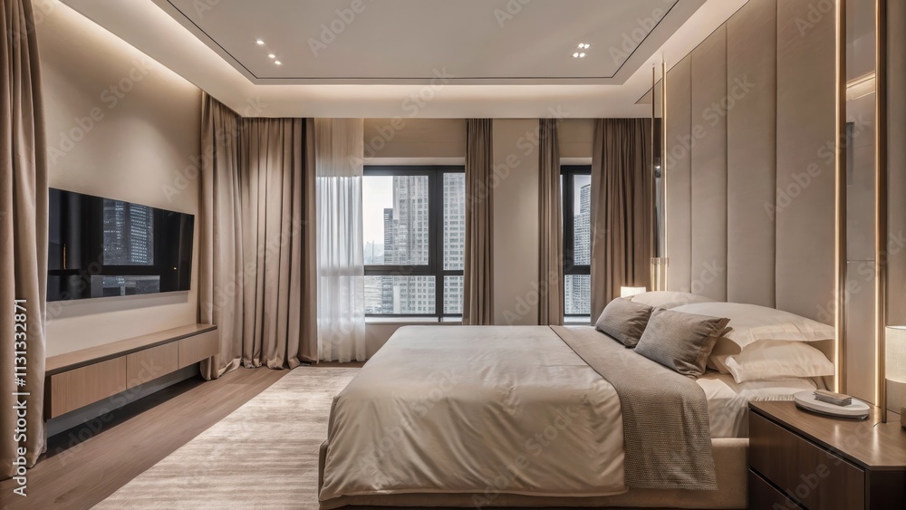 Poster the master bedroom exudes tranquility with its neutral palette a kingsized bed adorned with minimali