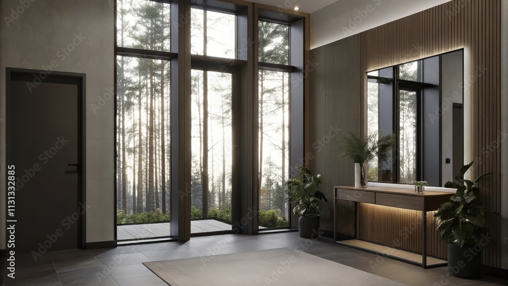 Poster A chic entryway boasting a large mirror and a console table adorned with plants where visitors are greeted by views of the forest through tall windows creating a welcoming and