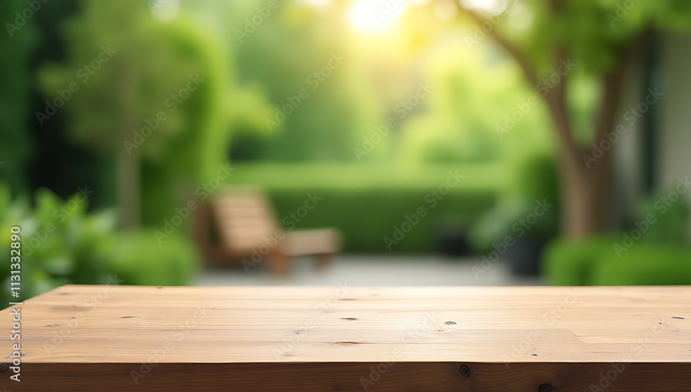 Poster a minimalist wooden table sits empty in a blurred abstract green background of a garden and home are