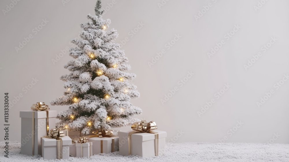 Aufkleber frosted christmas tree adorned with lights and elegantly wrapped gift boxes on a snowy floor creatin