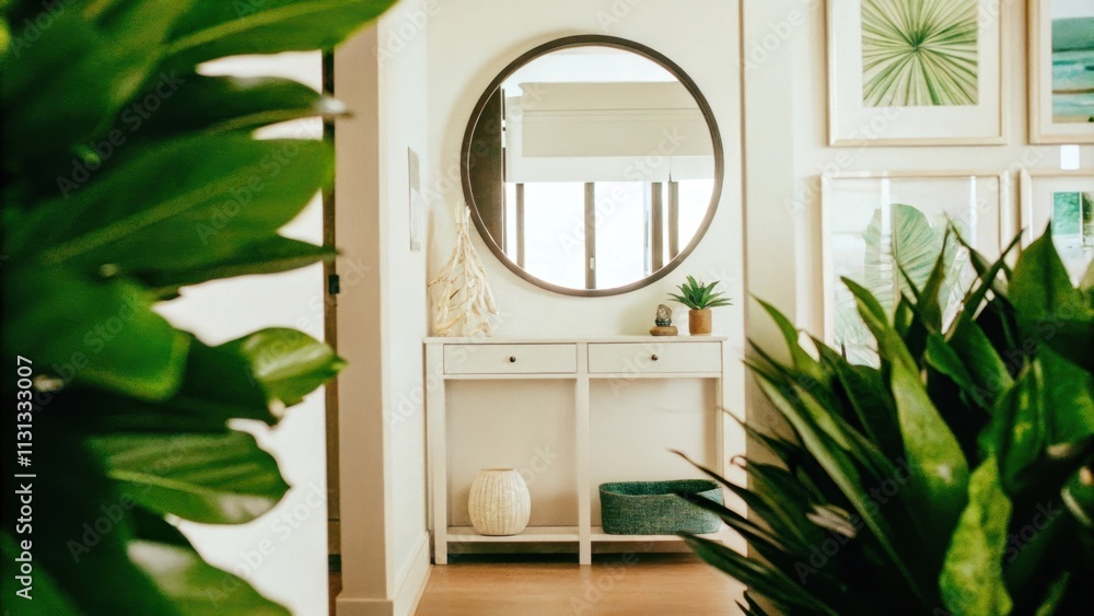 Poster a chic entryway featuring a large round mirror and a simple console table accentuated by light wood 