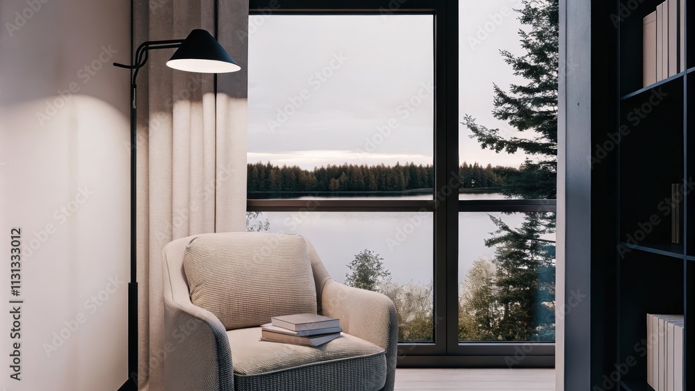 Aufkleber a contemporary reading corner featuring a cozy armchair and a floor lamp nestled by a window with pa