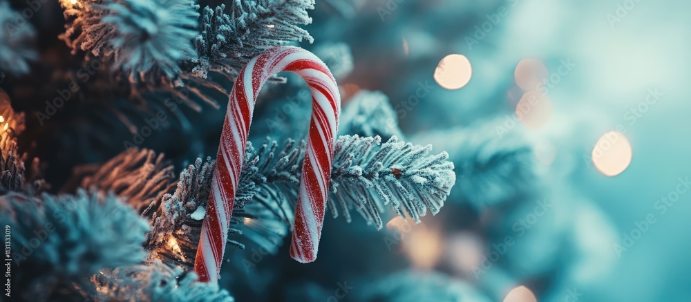 Poster festive close-up of candy canes hanging on a frosty christmas tree with soft glowing lights in the b