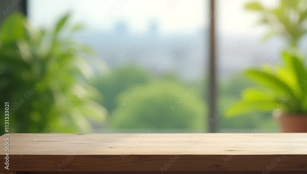 Poster A minimalist wooden table sits atop a blurred background of lush greenery and cityscapes for a unique product display concept._00004_