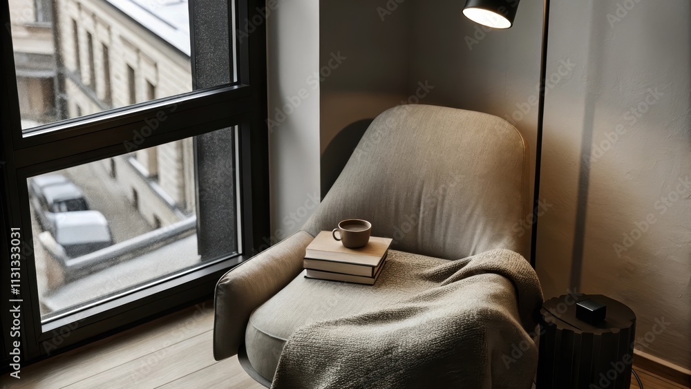 Poster A cozy reading nook nestled next to a window furnished with a soft oversized armchair a small side table and a floor lamp creating the perfect space to enjoy a book while