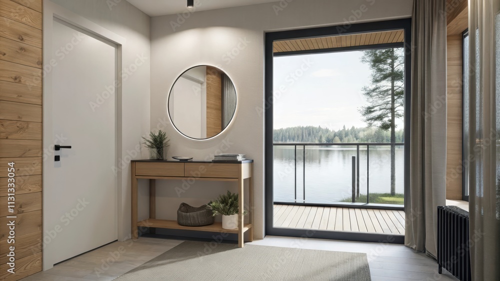 Poster An inviting entryway with a minimalist console table a round mirror reflecting natural light and a small potted plant leading into the main living space with lake views.